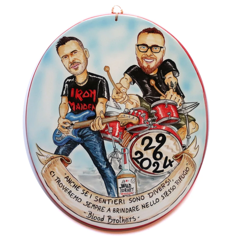 targa ceramica regalo personalizzato per amico musicista dipinta a mano, hand painted ceramic tile caricature in comics style