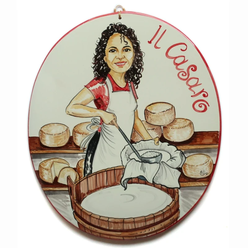 targa ceramica regalo personalizzato per caseificio dipinta a mano, hand painted ceramic tile caricature in comics style