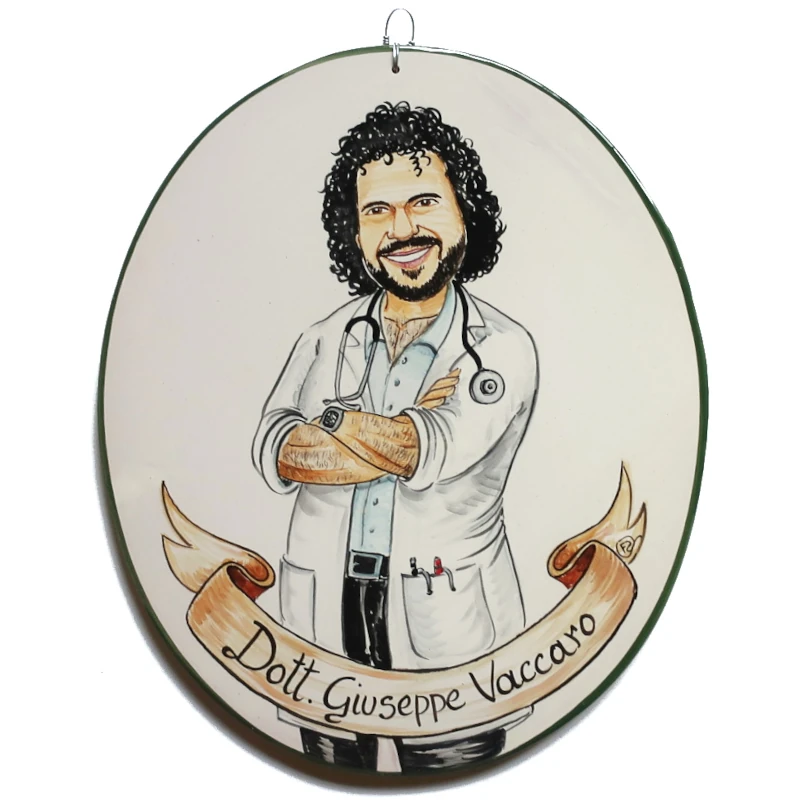 targa ceramica regalo personalizzato per dottore dipinta a mano, hand painted ceramic tile caricature in comics style