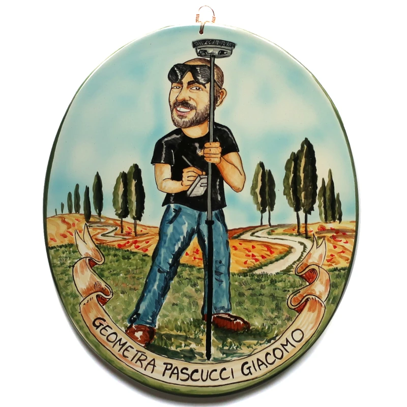 targa ceramica regalo personalizzato per geometra dipinta a mano, hand painted ceramic tile caricature in comics style