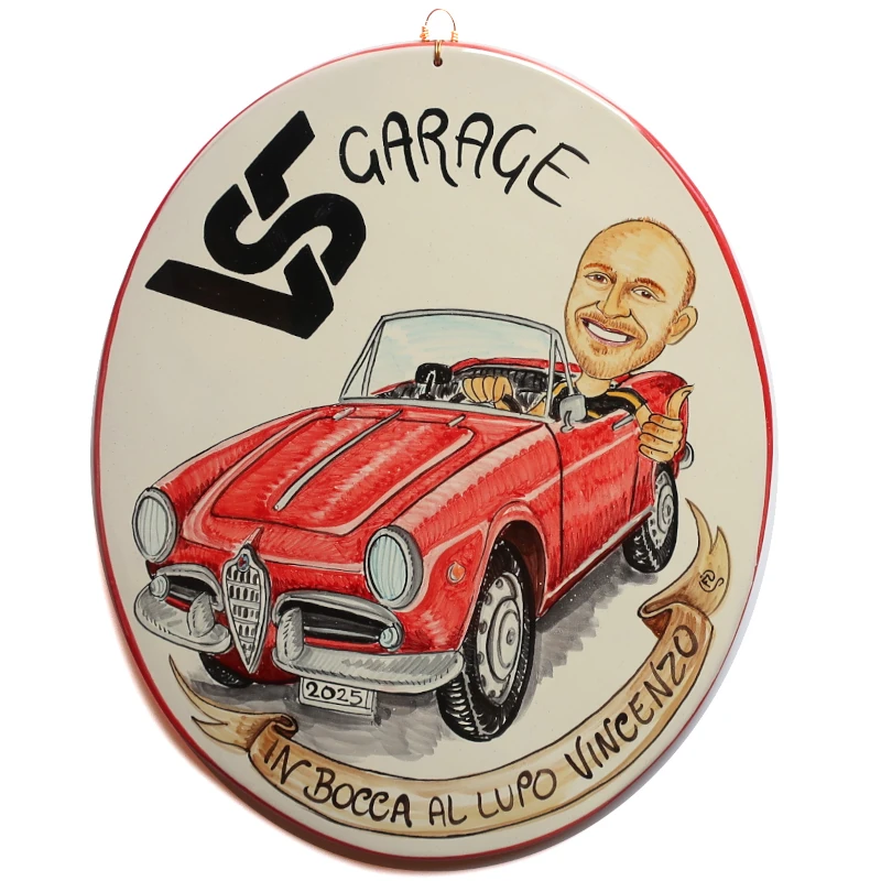 targa ceramica regalo personalizzato per inaugurazione dipinta a mano, hand painted ceramic tile caricature in comics style