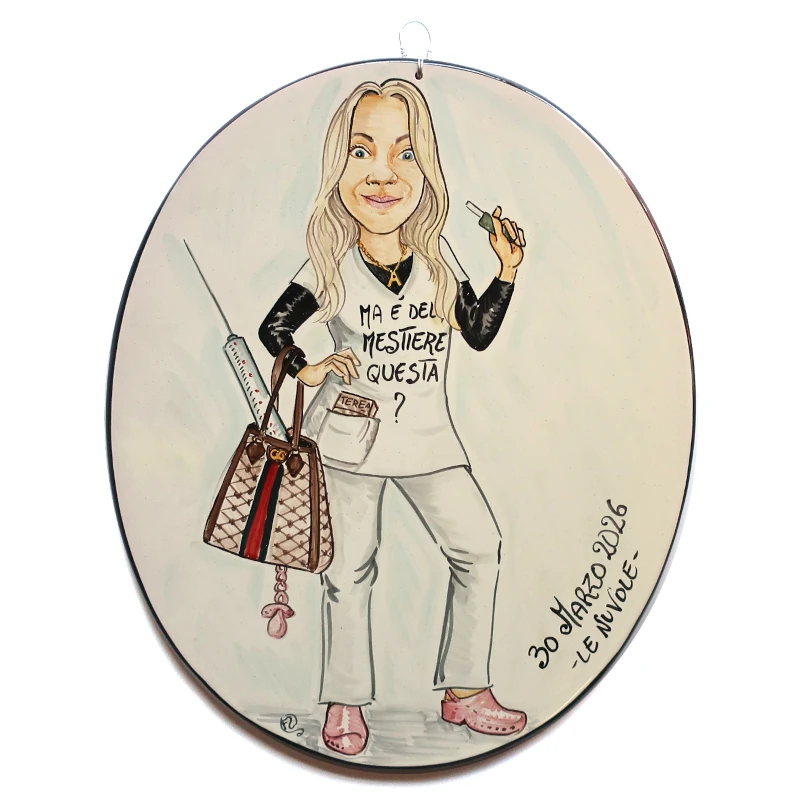 targa ceramica regalo personalizzato per infermiera dipinta a mano, hand painted ceramic tile caricature in comics style