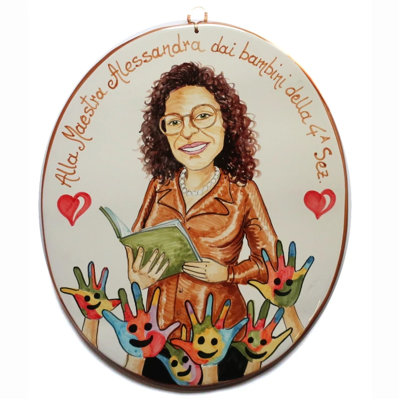 targa ceramica regalo personalizzato per maestra dipinta a mano, hand painted ceramic tile caricature in comics style