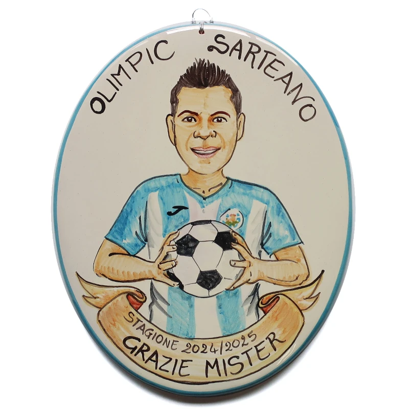 targa ceramica regalo personalizzato per mister allenatore calcio dipinta a mano, hand painted ceramic tile caricature in comics style