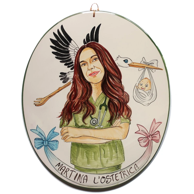 targa ceramica regalo personalizzato per ostetrica dipinta a mano, hand painted ceramic tile caricature in comics style