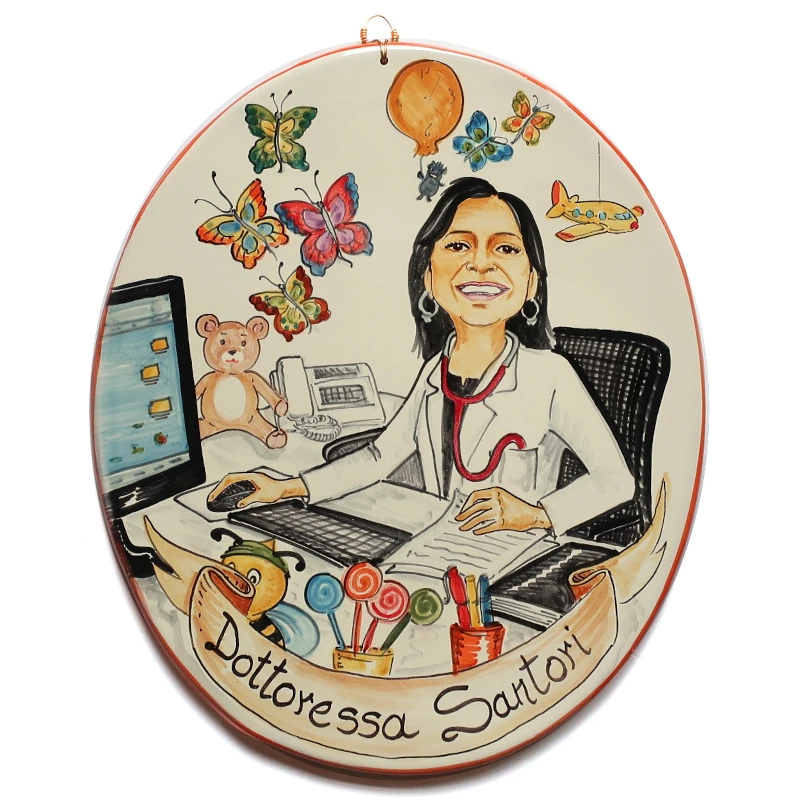 targa ceramica regalo personalizzato per pediatra dipinta a mano, hand painted ceramic tile caricature in comics style