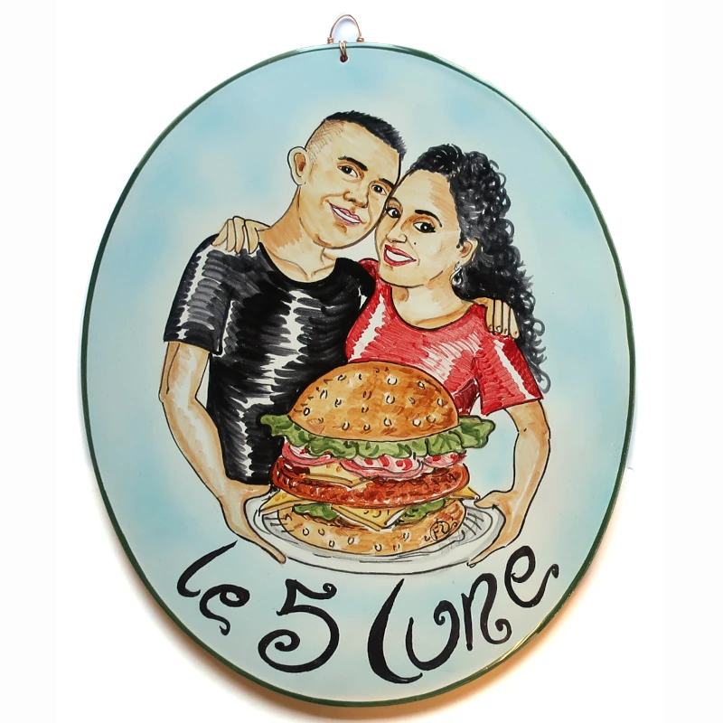 targa ceramica regalo personalizzato per ristorante pub dipinta a mano, hand painted ceramic tile caricature in comics style