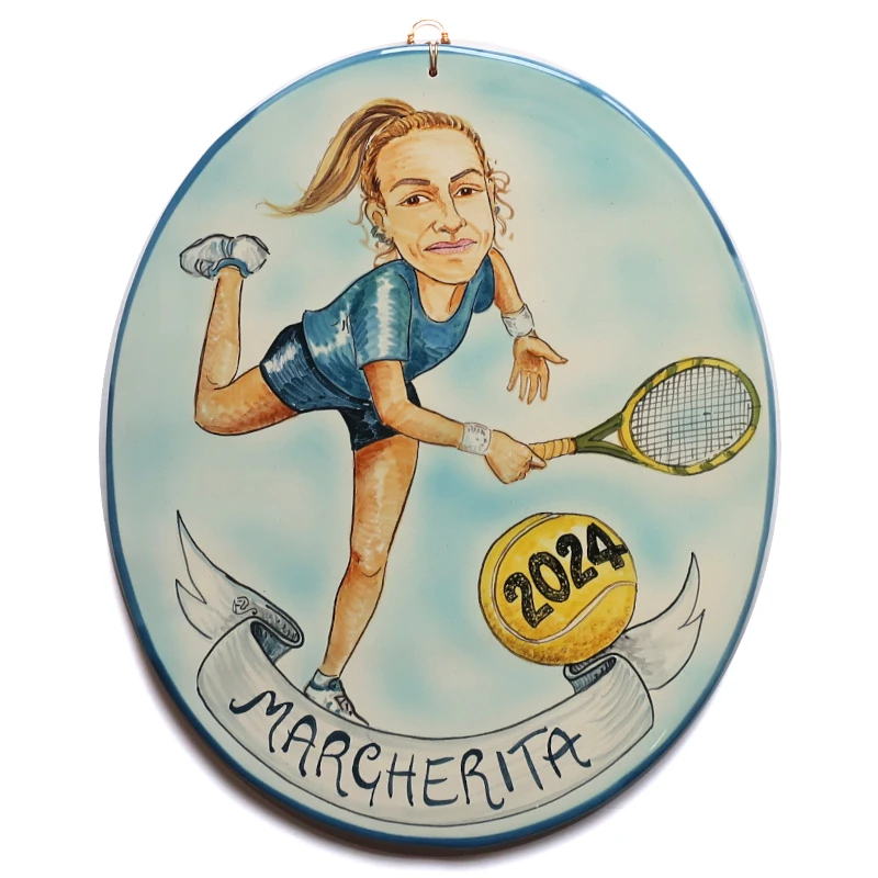 targa ceramica regalo personalizzato per tennista dipinta a mano, hand painted ceramic tile caricature in comics style