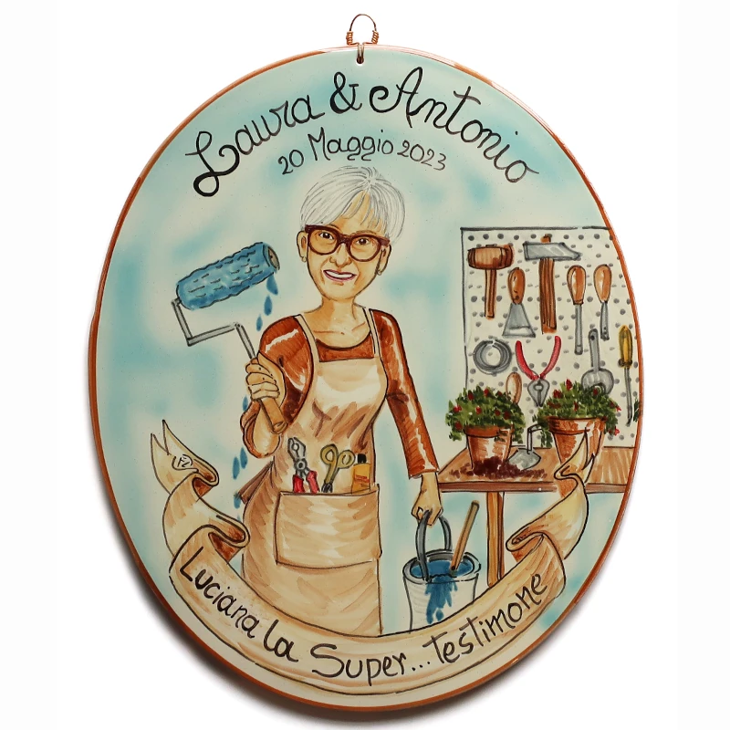 targa ceramica regalo personalizzato per testimone nozze dipinta a mano, hand painted ceramic tile caricature in comics style