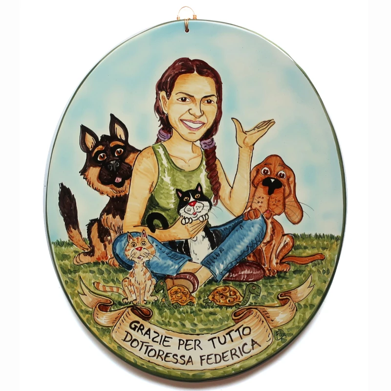 targa ceramica regalo personalizzato per vetrinario dipinta a mano, hand painted ceramic tile caricature in comics style