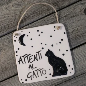 targhetta ceramica attenti al gatto personalizzabile, customizable plate in ceramic with cat