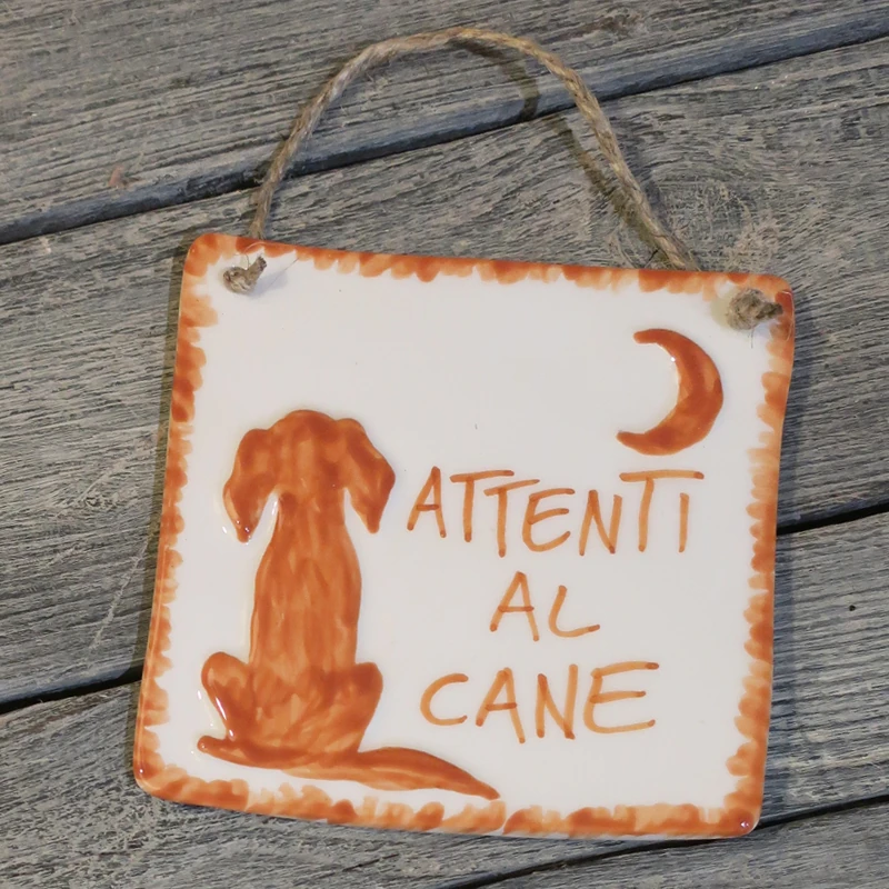 targhetta in ceramica con cane e luna, ceramic plaques with dog and moon