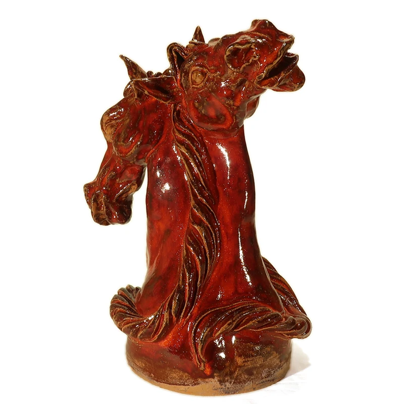 teste cavallo rosse in ceramica scultura pezzo unico, red horse heads sculpture in ceramic