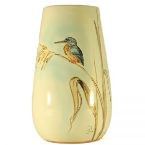 vaso ceramica uccelli dipinto a mano con martin pescatore e canne, ceramic vase with kingfisher and lake reeds hand-painted ceramic birds collection